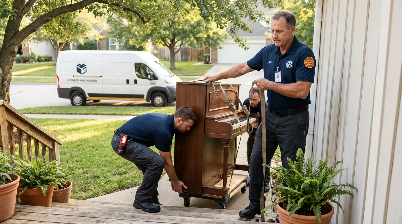 Licensed piano movers securing grand piano in Prairie du Sac, WI
