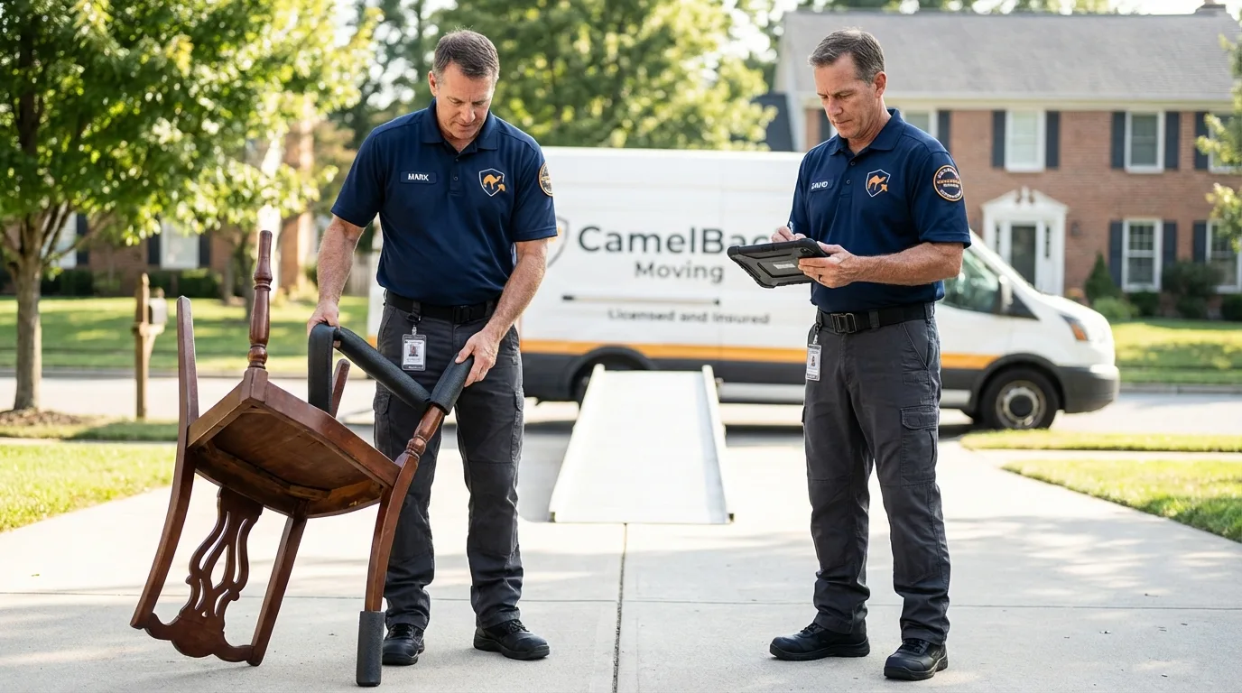 Movers inspecting furniture for damage prevention before loading in Prairie du Sac, WI