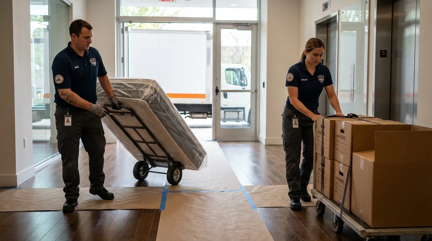 Professional apartment movers loading elevator in Prairie du Sac, WI