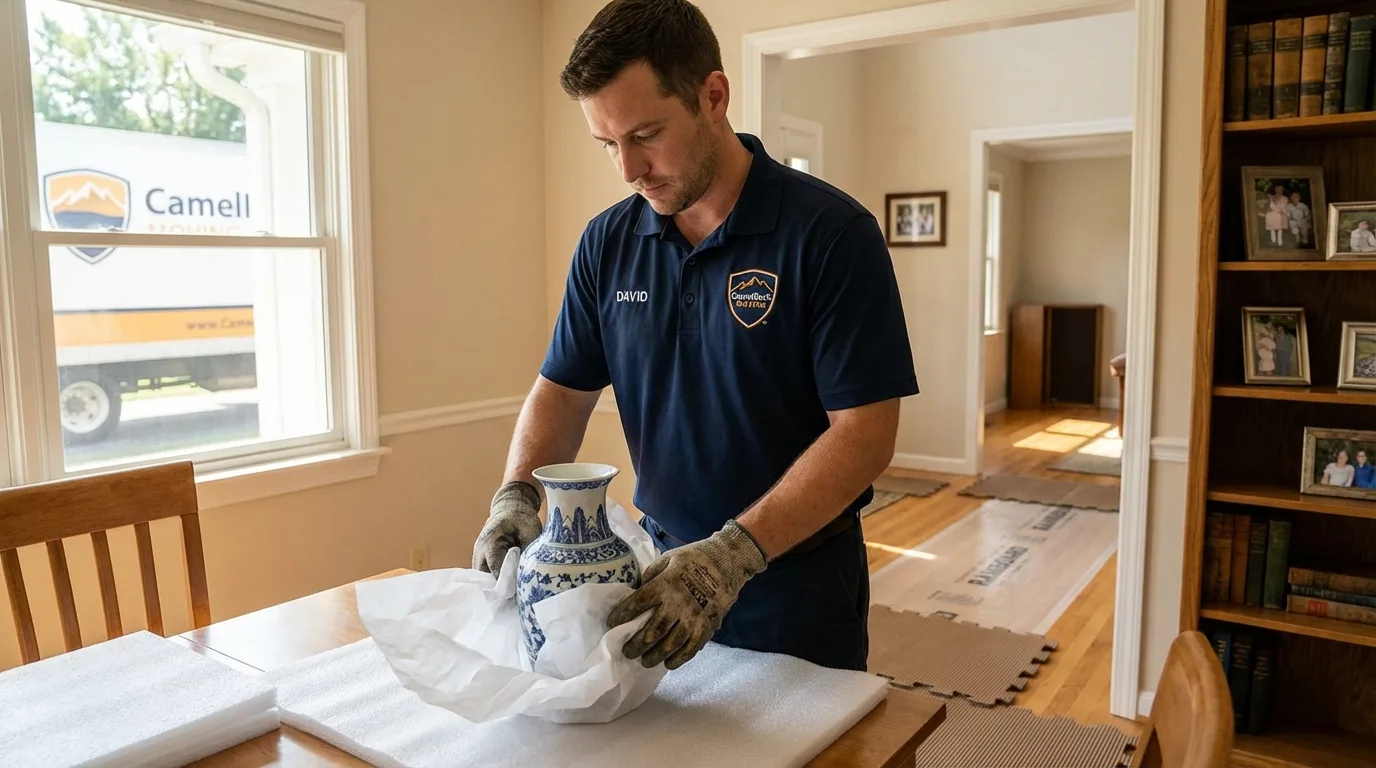 Professional crew carefully wrapping antique vase for senior downsizing move in Prairie du Sac, WI